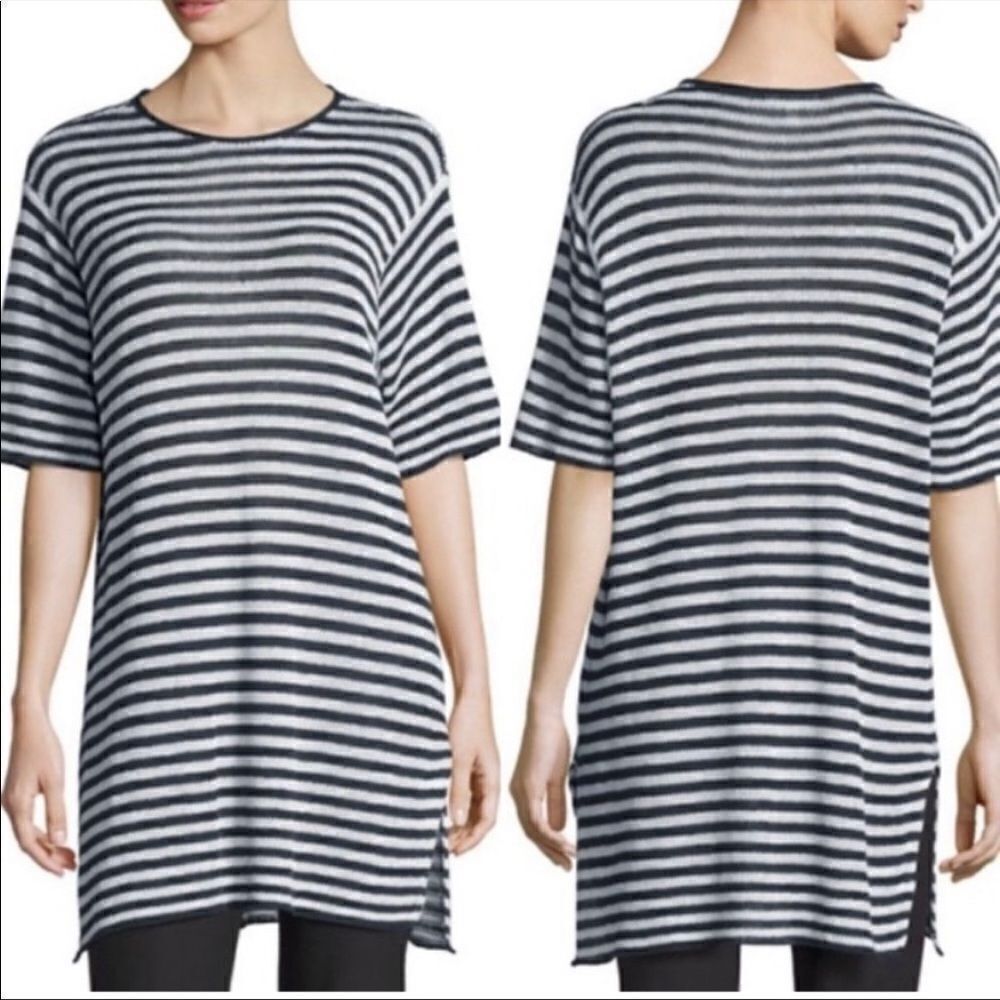 Eileen Fisher Linen Light Knit Tunic Length Short Sleeve Striped Sweater PS